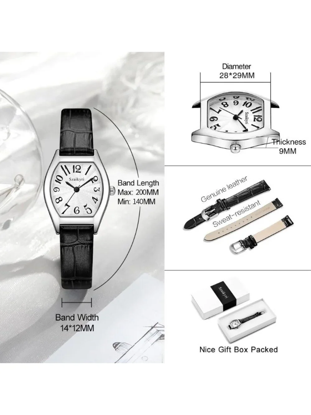 Women's Black-Silver Barrel-Shaped Easy Read Arabic Numerals Dress Wrist Watch